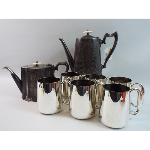 303 - Silver plated lot to include teapots and tankards.