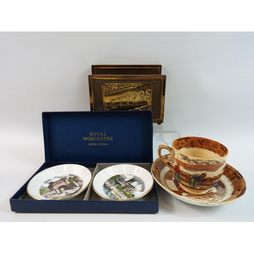 310 - Brass letter holder, Royal worcester pin dishes and a vintage cup and saucer.