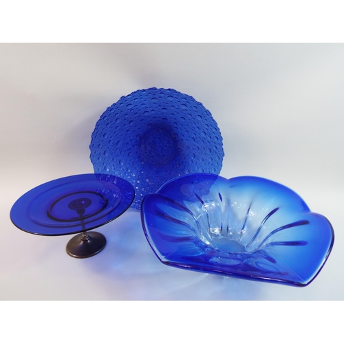 334 - 2 Blue art glass bowls and a french cake stand.