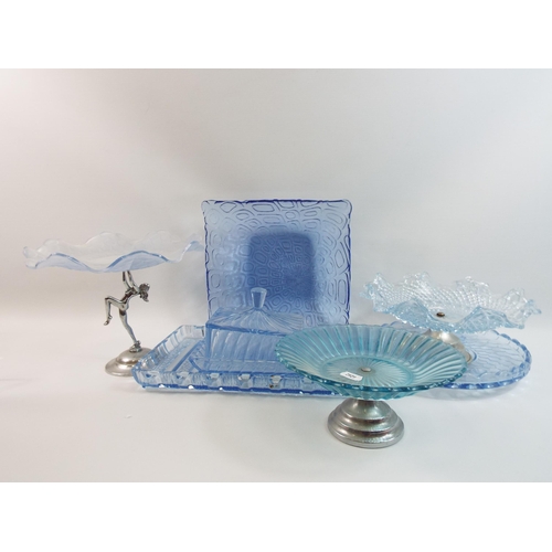 335 - Selection of Art deco blue glass, cake plates etc.