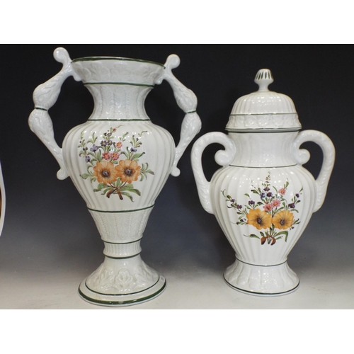 366 - Large handpainted italian vase and lidded urn vase. The largest is 18