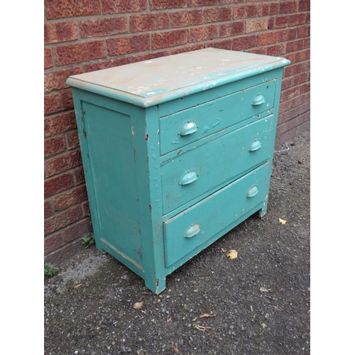 507 - Painted Pine, vintage three drawer cabinet ideal for restoration/overpainting. Original steel cupped... 