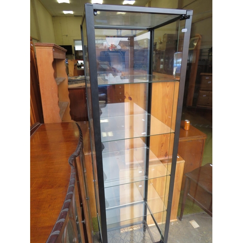 523 - Metal framed glass display cabinet with four glass adjustable shelves, locking door with key. H:71 X... 