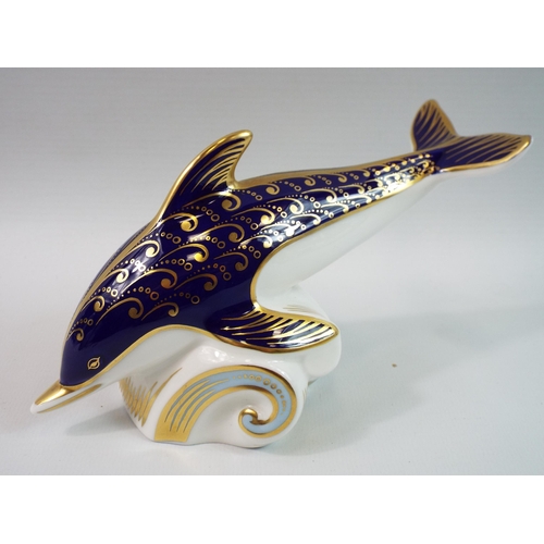 380 - Royal Crown Derby Dolphin paperweight with gold stopper.