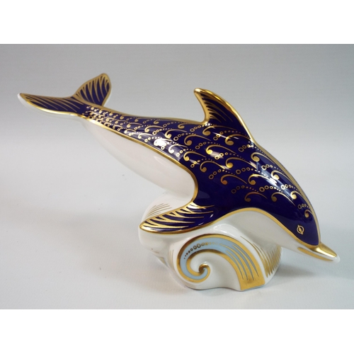 380 - Royal Crown Derby Dolphin paperweight with gold stopper.