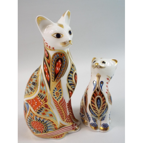 381 - Royal Crown Derby Siamese Cat and Kitten larger figure has Gold stopper, smalller with Silver stoppe... 