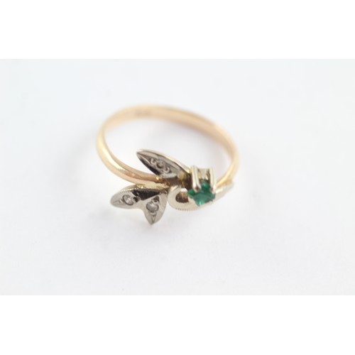 664 - 14ct rose gold emerald and diamond leaf ring (2.7g)     797200