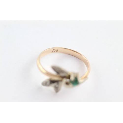 664 - 14ct rose gold emerald and diamond leaf ring (2.7g)     797200