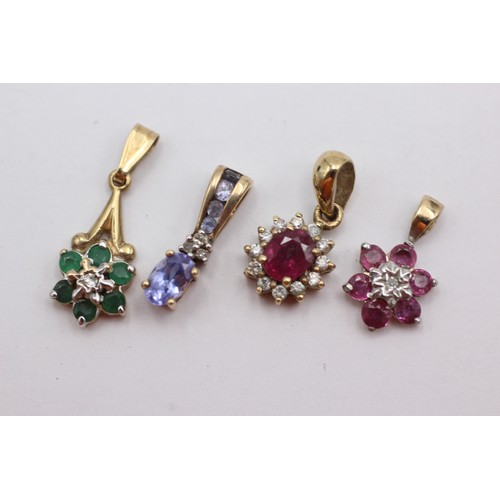 707 - 4 x 9ct gold gemstone & diamond set pendants inc. emerald, ruby & tanzanite (2.7g)     752615