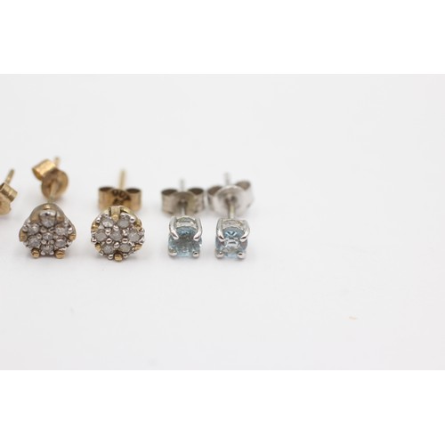 708 - 4 x 9ct gold paired gemstone stud earrings inc. emerald, aquamarine, garnet & diamond (3g)     75261... 