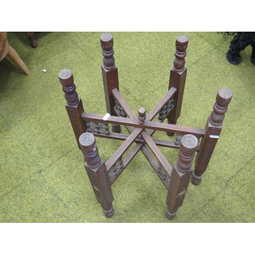 564 - Well made Eastern folding table with Brass top. H:20 X W:23 diameter. See photos.