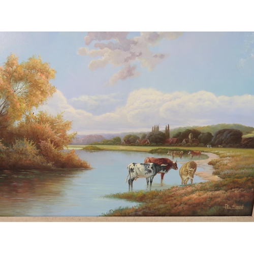 597 - Framed and Mounted Oil on Canvas of a group of Cattle in a lakeside setting. Clear signature of Paul... 