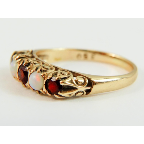 60A - 9ct Yellow Gold, Garnet and Pearl Set Ring. Finger size 'N-5'  2.5g