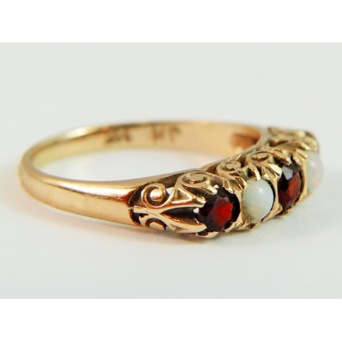 60A - 9ct Yellow Gold, Garnet and Pearl Set Ring. Finger size 'N-5'  2.5g