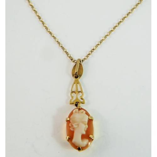 91A - Cameo shell pendant set in 9ct yellow gold mount and hung on a 9ct Yellow Gold 16 inch chain. 2.0g