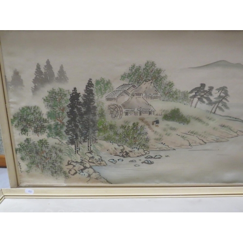 860 - Two Framed hand painted silks of Oriental scenes. Each signed with Oriental Characters. Each measure... 