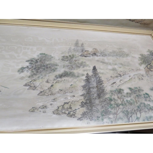 860 - Two Framed hand painted silks of Oriental scenes. Each signed with Oriental Characters. Each measure... 