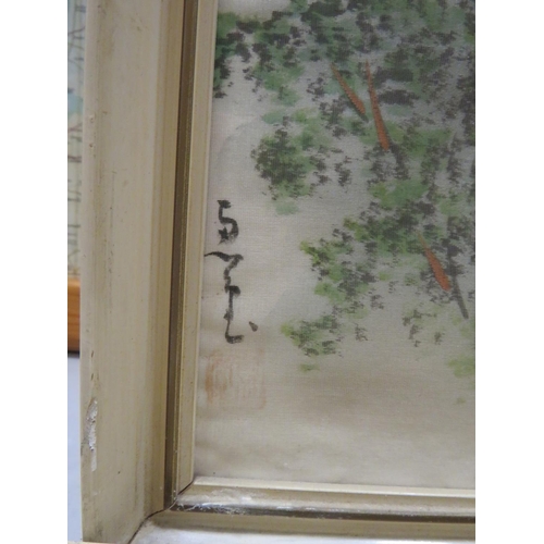 860 - Two Framed hand painted silks of Oriental scenes. Each signed with Oriental Characters. Each measure... 