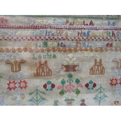 861 - Framed and mounted under glass, childs Sewing sampler dated 1877 plus a similar embroided antimacass... 