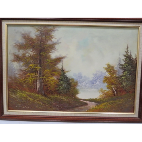 863 - Two Framed oil on Canvas paintings of Woodland lakeside sceness. Each 34 x 24 inches.