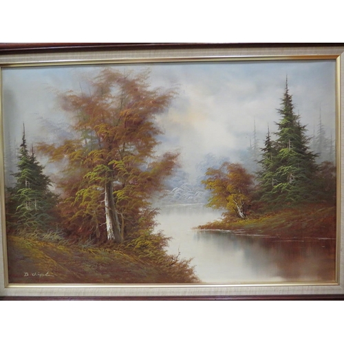 863 - Two Framed oil on Canvas paintings of Woodland lakeside sceness. Each 34 x 24 inches.