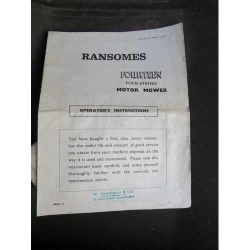 954 - Ransomes 14, 4 Stroke petrol lawn mower, one owner from new in 1966, original handbook. See photos.