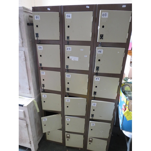 972 - Large bank of Metal framed Steel Lockers.  H:70 X W:36 X D:18.  18 doors to lockers. See photos.