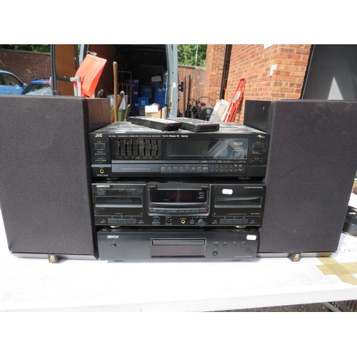 976 - JVC Compter Console reciever, Kenwood Stereo double cassette deck, Denom compact disc player. Plus t... 