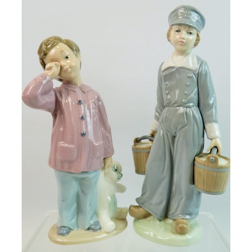 264 - Nao Figurine of a sleepy boy with teddy plus a Lladro figure of a Dutch boy with water pails. 9 inch... 