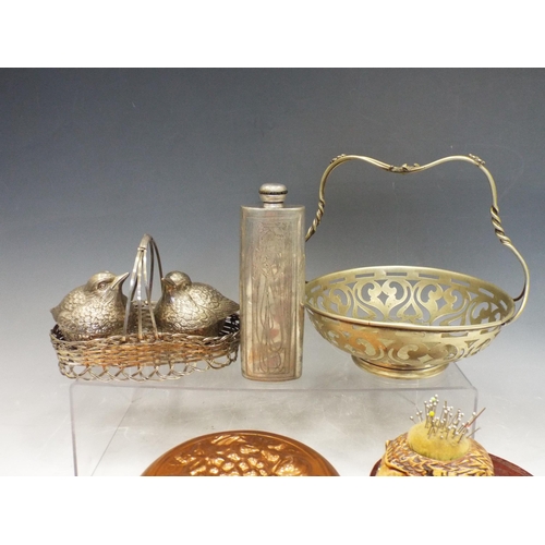 890 - Mixed silver plated, copper and pewter lot including a Rennie Mackintosh Hip flask.