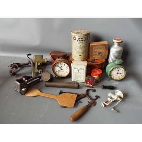 912 - Good mixed vintage lot to include tins, tools , clocks etc.