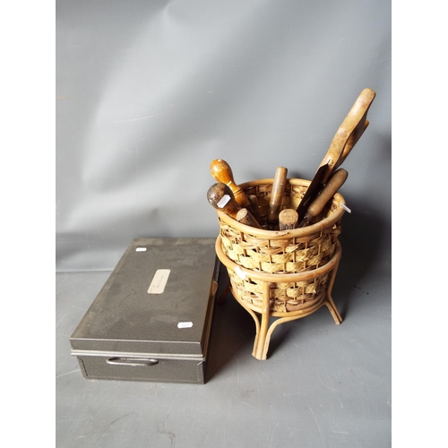 941 - Metal deed box with keys and a basket containg vintage tools.