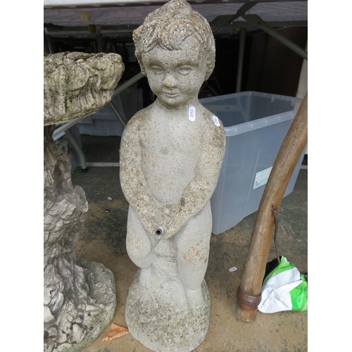 961 - Large Concrete garden ornament/fountain of a tiddling boy. 27 inches tall. See photos.