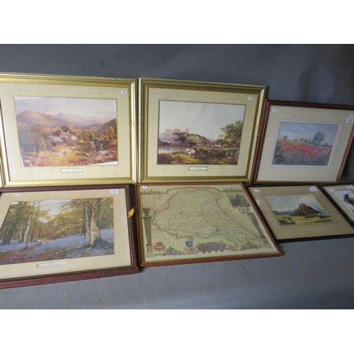 1041 - Selection of framed and mounted prints plus a framed under glass reproduction map of the East Riding... 