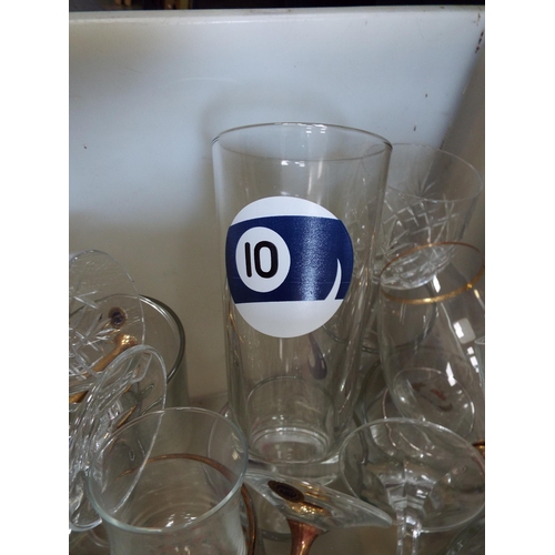 1020 - Large box of various drinking glasses including a set of pint glasses with pool balls on.