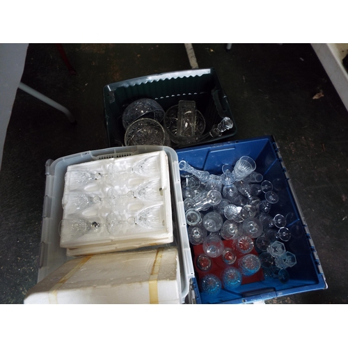 1029 - 3 Large boxes of various crystal glass, decanter, drinking glasses, bowls etc.