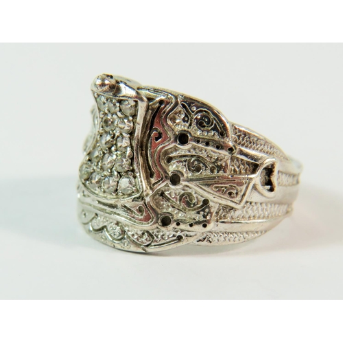 121 - 925 silver Saddle ring set with Diamante gemstones. Finger size 'T'  11.5g