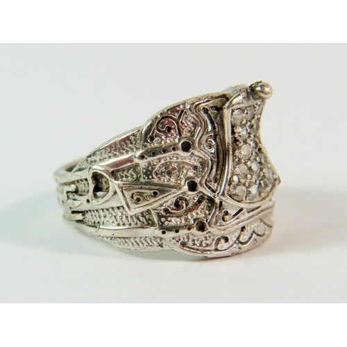 121 - 925 silver Saddle ring set with Diamante gemstones. Finger size 'T'  11.5g