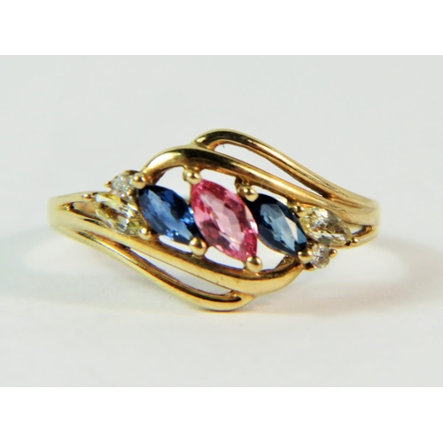 155 - 14ct Yellow Gold, Multi Gemstone set Patriot ring.  Finger size 'Q-5   1.9g