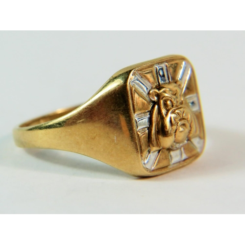 160 - 9ct Yellow gold British Bulldog ring with white gold flashes. Finger size 'U-5'  3.3g