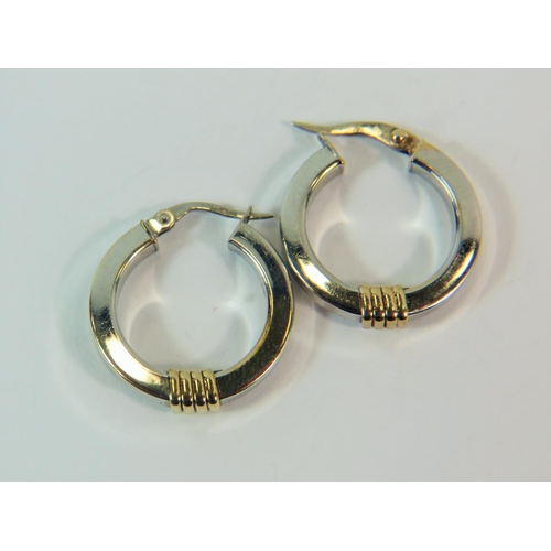 174 - Pair of 9ct white Hoop earrings with Yellow Gold flashes. 25mm wide. 2.8g