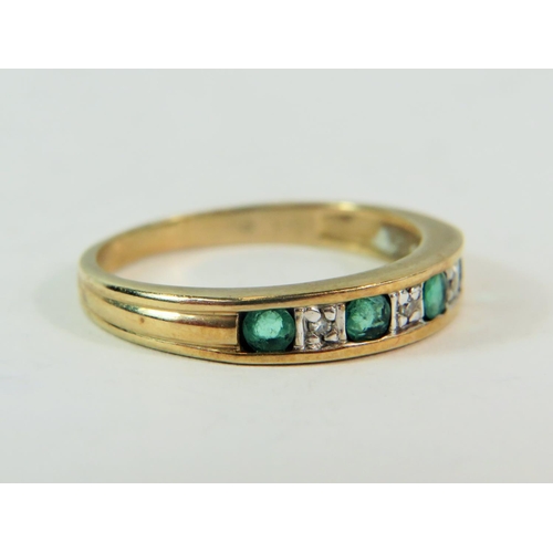 197 - 9ct Yellow Gold Diamond and Emerald set ring.    Finger size 'L'  1.6g