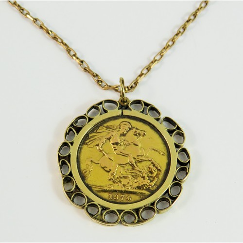 126 - Full sovereign set in a 9ct pendant mount, hung on a 9ct Yellow Gold 28 inch chain.