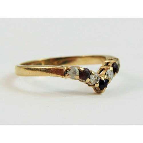 134 - 9ct Yellow Gold Multi Gemstone set wishbone ring. Finger size 'X'  3.3g