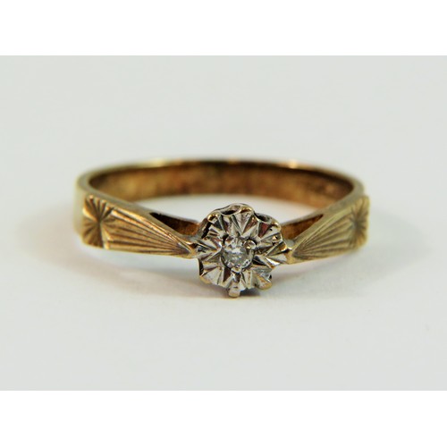 138 - 9ct Yellow Gold Illusion set Solitaire Diamond ring.   Finger size 'K'  1.8g