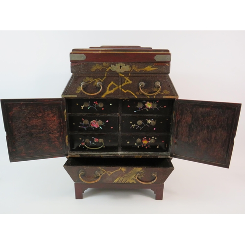 358 - Oriental large jewellery or display box with multiple drawers. Stands approx 16.5