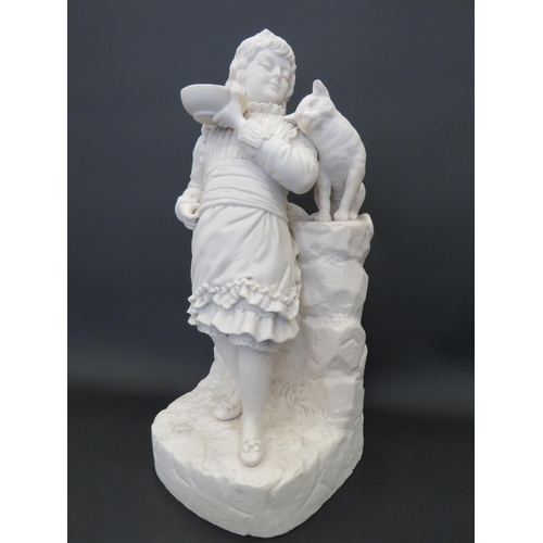 359 - Robinson and leadbetter parian figurine of a girl with a cat standing 13.5