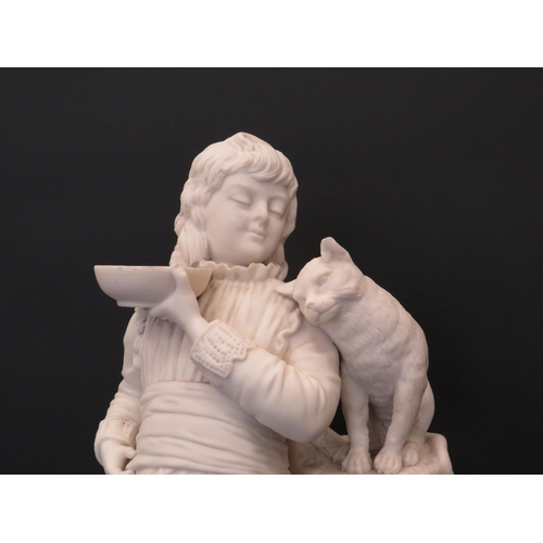 359 - Robinson and leadbetter parian figurine of a girl with a cat standing 13.5