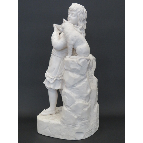 359 - Robinson and leadbetter parian figurine of a girl with a cat standing 13.5