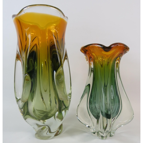 360 - 2 Chribska heavy art glass vases.